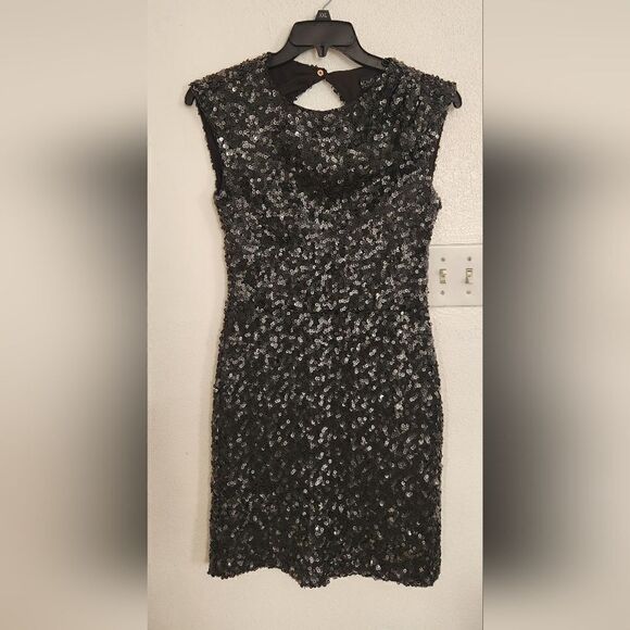 Rachel Zoe Open Back Sheath Knott Sequin Mini Dress in Black Size 10 - Picture 3 of 16